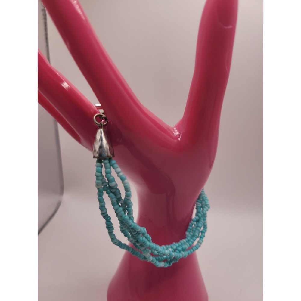 Blue Seed Bead Multi Strand Bracelet Silver Tone Toggle Clasp Boho Southwestern